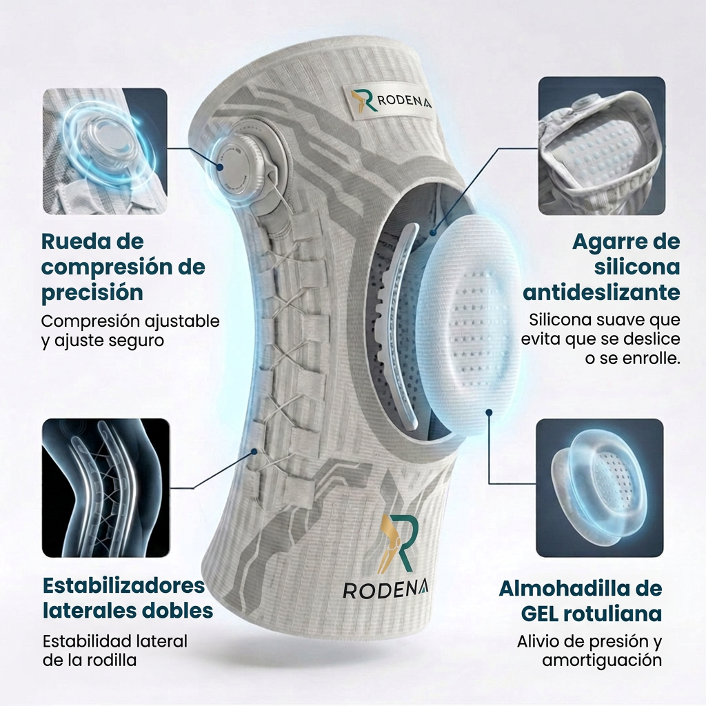 Cuatro características técnicas: rueda de precisión, agarre de silicona, estabilizadores laterales y almohadilla de gel