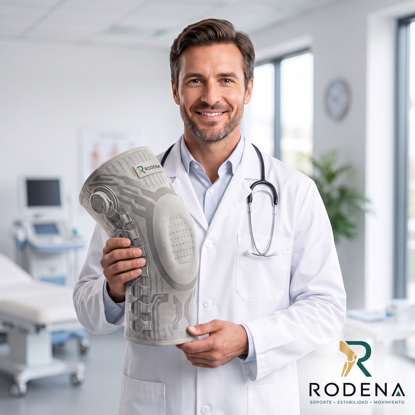 Profesional sanitario sosteniendo la rodillera Rodena